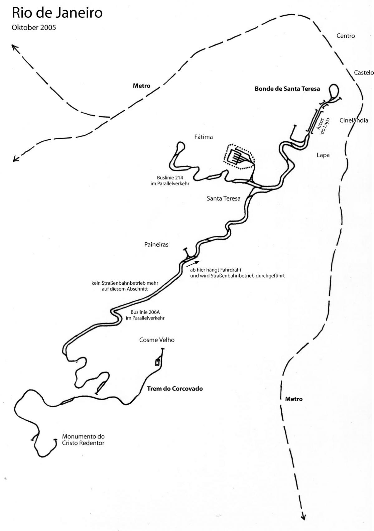 Mapa de Santa Teresa tram - Linha 1